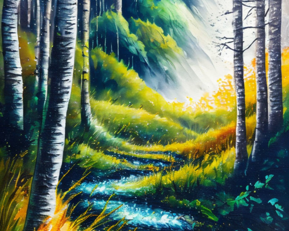 Colorful forest painting with blue stream, white-barked trees, and sunlight filtering through lush greenery