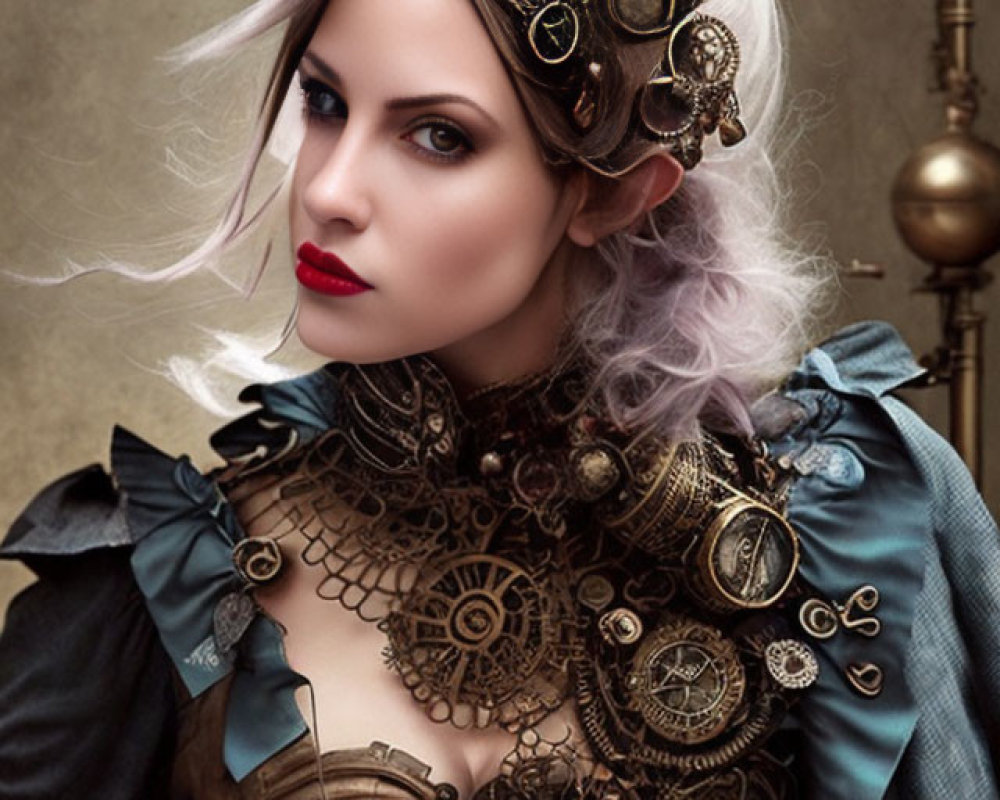 Steampunk woman with gear-adorned helmet and unique attire