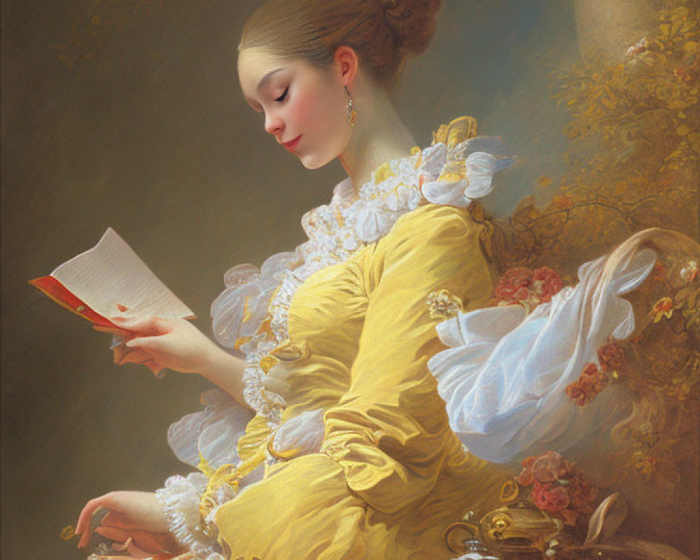 Classic Painting: Serene Woman in Yellow Dress Reading Book with Teapot and Flowers