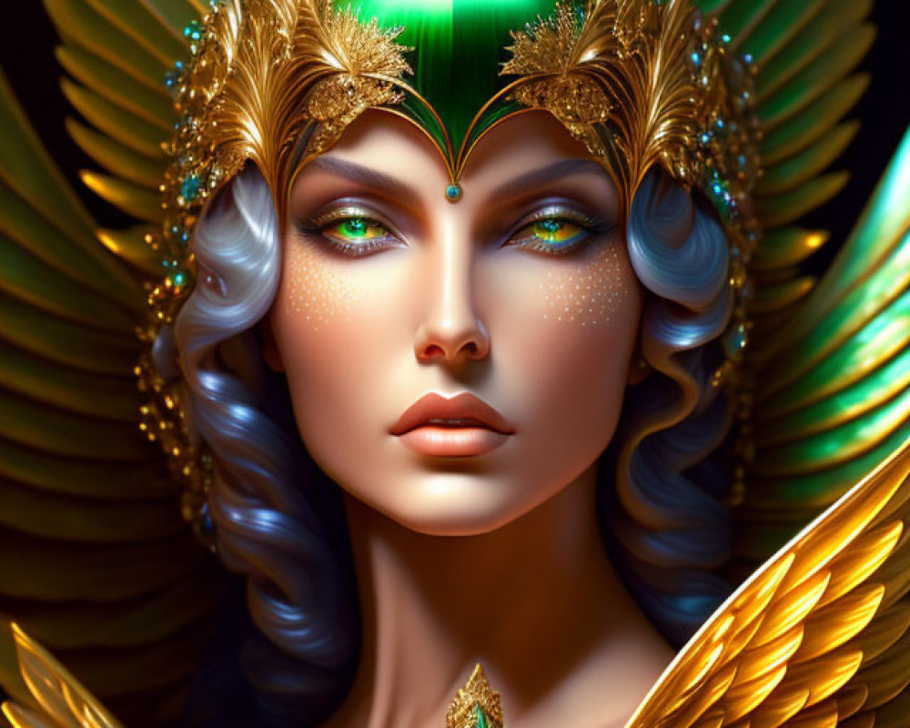 Ethereal figure with golden headdress and iridescent wings
