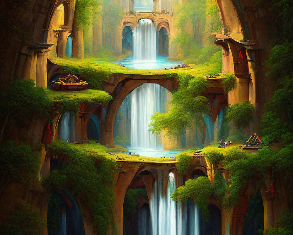 Fantasy landscape with waterfalls, arches, greenery, and ruins