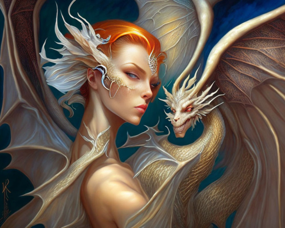 Fantasy illustration of woman with elfin features and dragon.