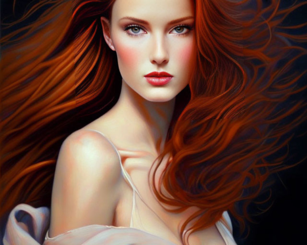 Woman with flowing red hair and green eyes in elegant pose.