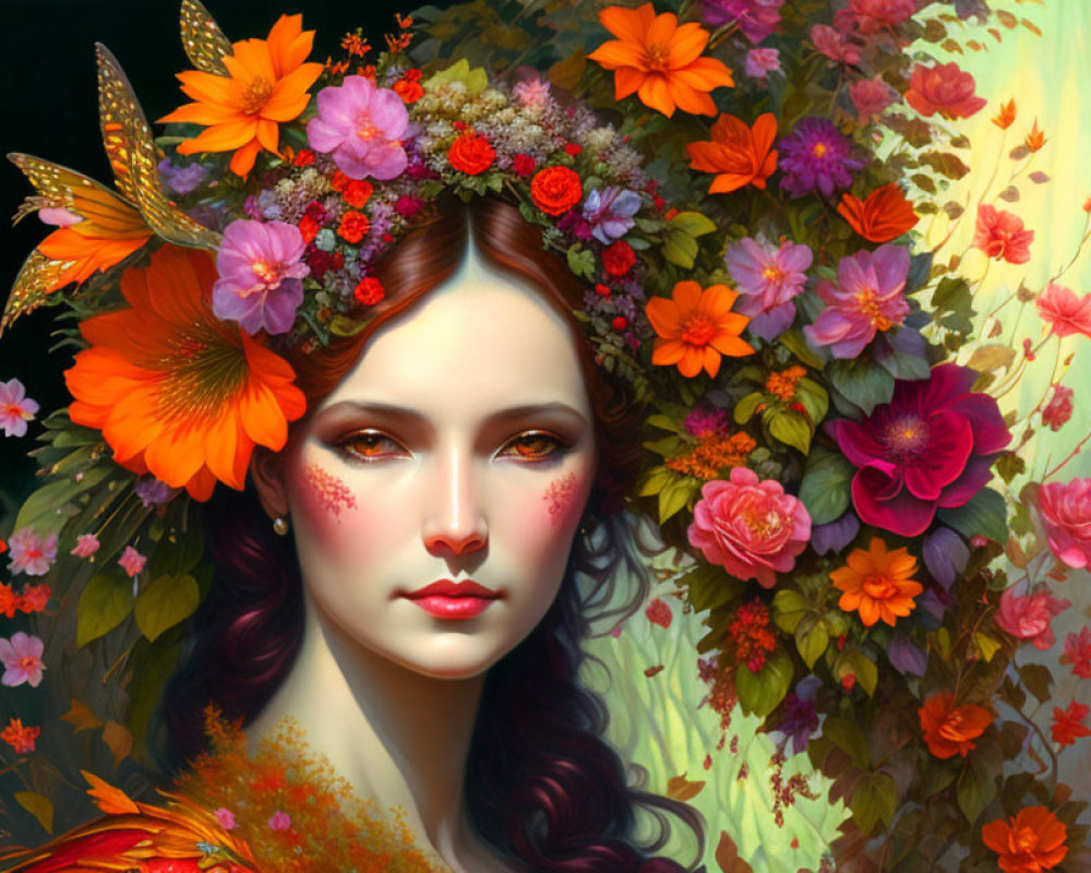 Vibrant painting of woman with floral crown and butterflies