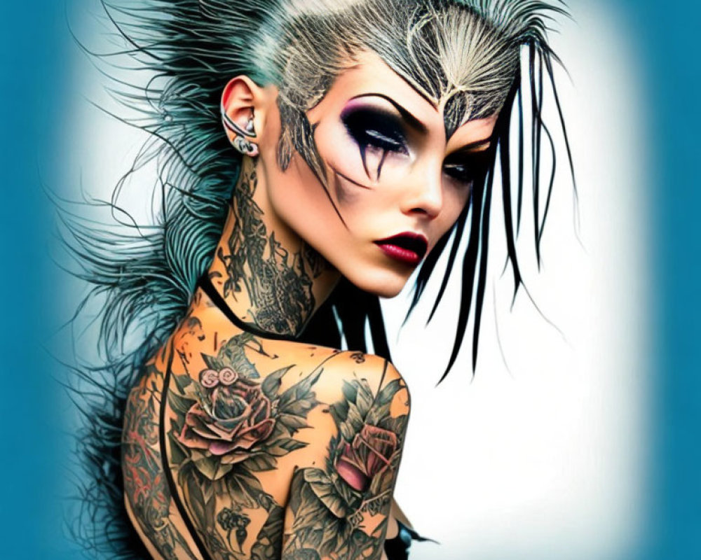 Portrait of Woman with Dramatic Makeup, Hairstyle, and Floral Tattoos