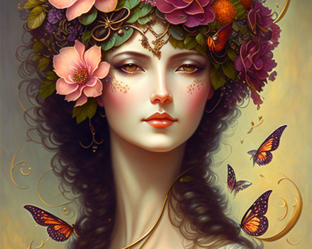 Stylized portrait of woman with vibrant floral headdress