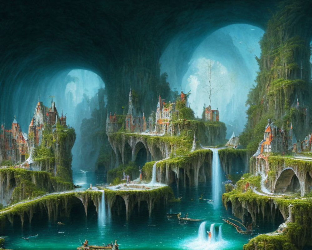 Ethereal underground landscape with waterfalls, glowing light, and fantastical architecture