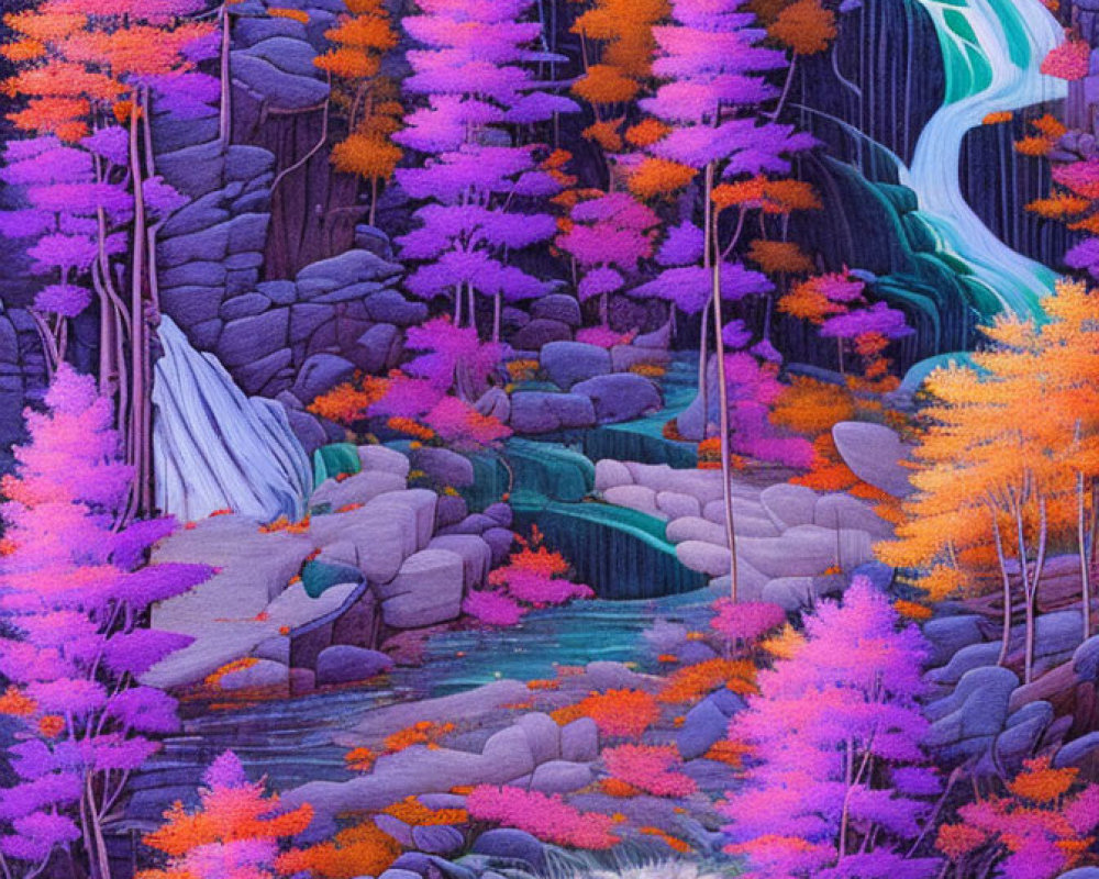 Colorful Forest with Waterfall and Stream in Rocky Terrain