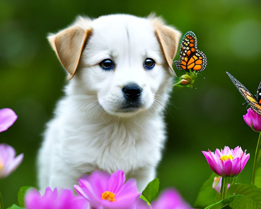 White Puppy with Brown Ears Surrounded by Pink Flowers and Monarch Butterflies