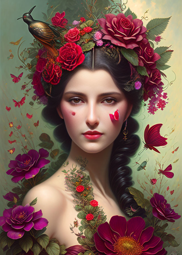Woman portrait with floral, bird, and butterfly motifs for a serene, fantastical vibe