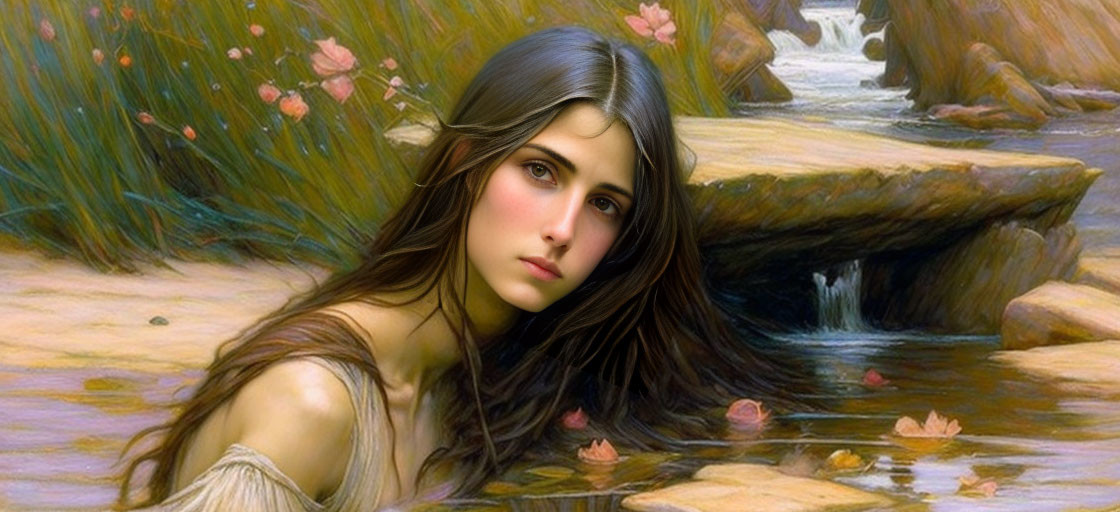 Digital painting of young woman with long brown hair and soulful eyes by water and rocks with pink flowers