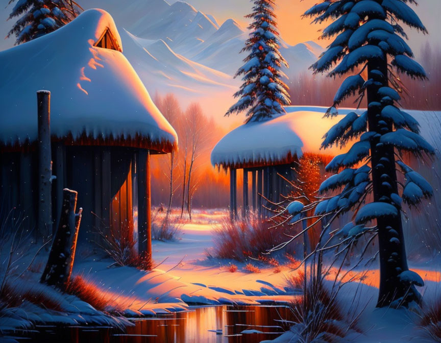 Snow-covered cabins and pine trees in serene winter dusk landscape.