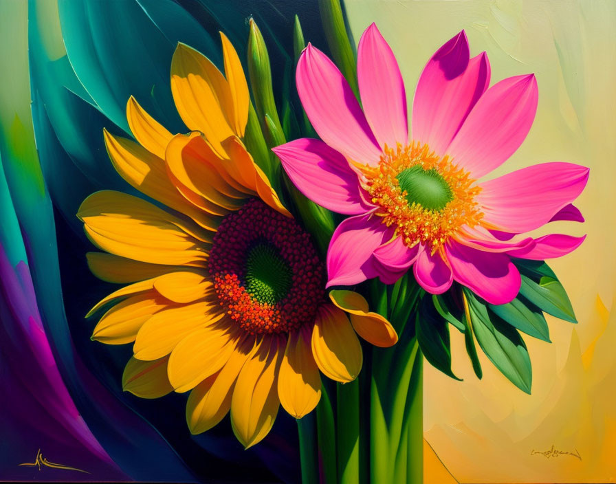 Colorful Floral Painting with Sunflowers, Daisies, and Vibrant Background