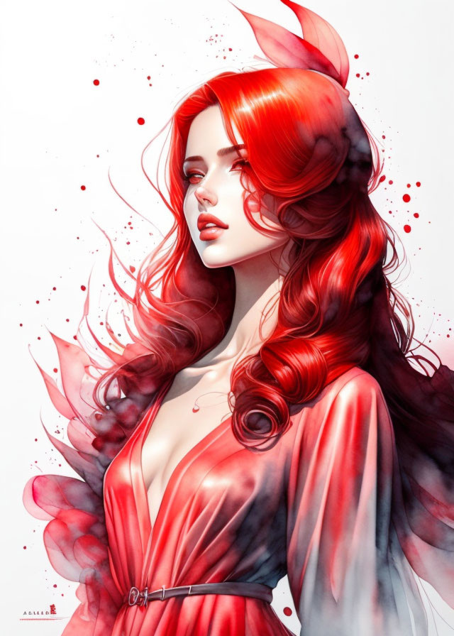 Vivid red hair and clothing in fluid motion illustration