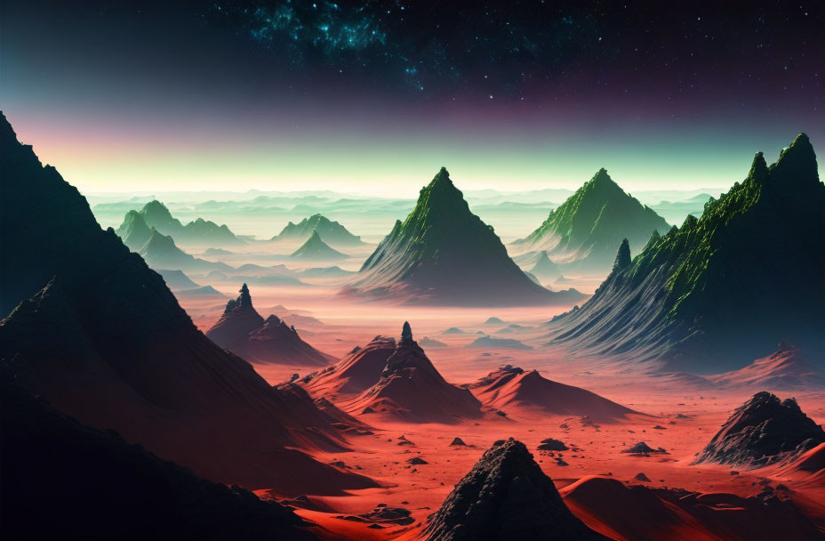 Surreal landscape with towering mountains in red sands under a starry sky