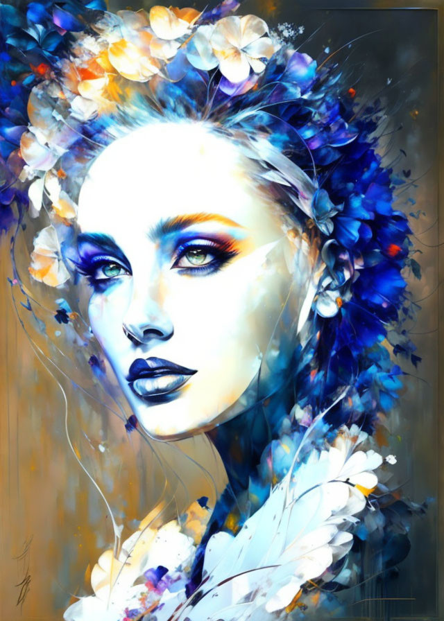 Digital painting of woman with flowers and feathers on golden backdrop