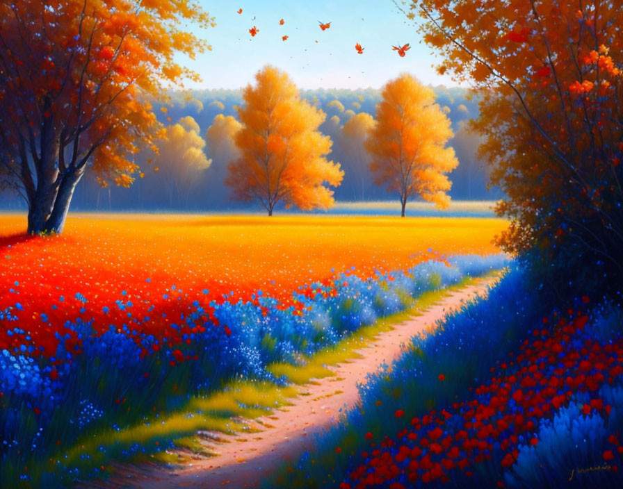 Colorful Landscape Painting with Path, Flowers, Trees, and Falling Leaves
