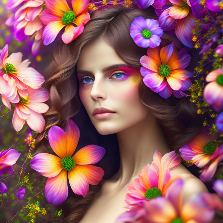 Colorful Makeup and Flowers in Spring Portrait