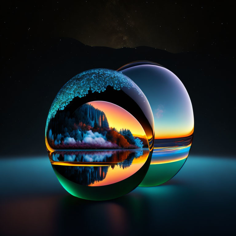 Glass spheres reflecting serene landscape and starry night sky vs. forest sunset with milky-way cosmos