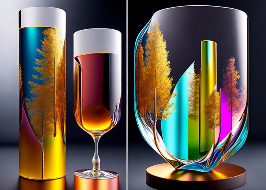 Colorful Glass Vessels with Tree Designs on Dual-toned Background
