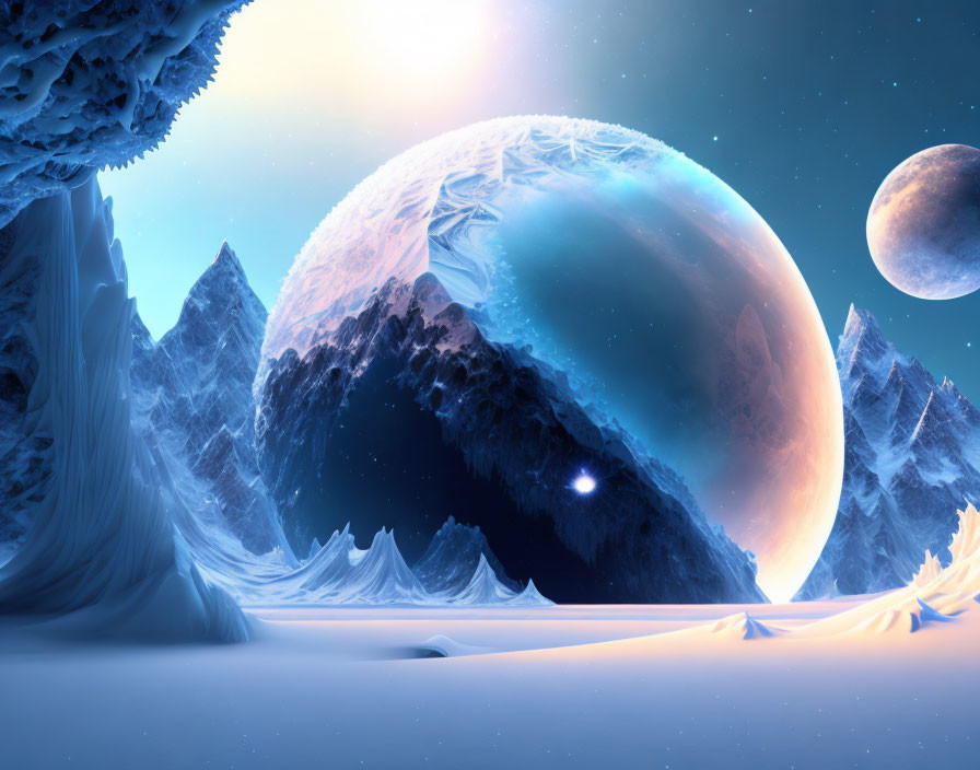 Alien landscape with icy peaks under starry sky and celestial bodies.