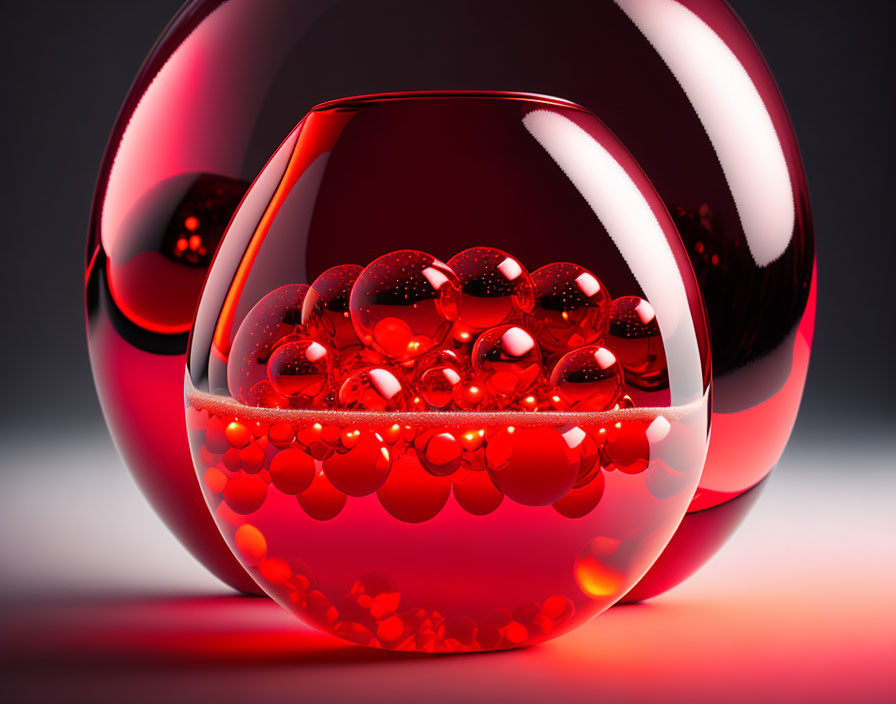 Glass bowl with red liquid and spheres in transparent bubble on red to gray background