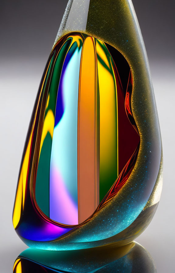 Iridescent Teardrop Glass Sculpture with Colorful Light Patterns