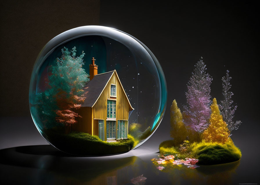 Cozy house with lit window in transparent sphere among colorful trees under starry sky