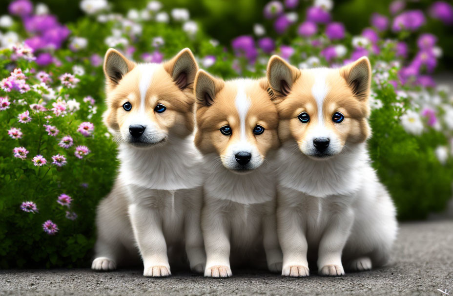 Three Corgi Puppies with Colorful Garden Background