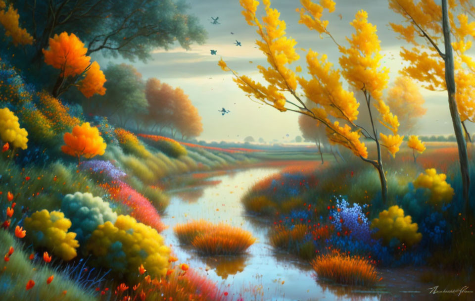 Colorful Autumn Landscape with Winding Path and Flying Birds