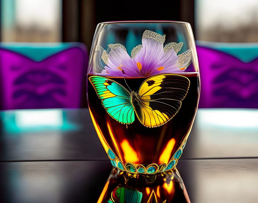 Colorful Butterfly and Purple Flower on Amber Liquid with Bokeh Background