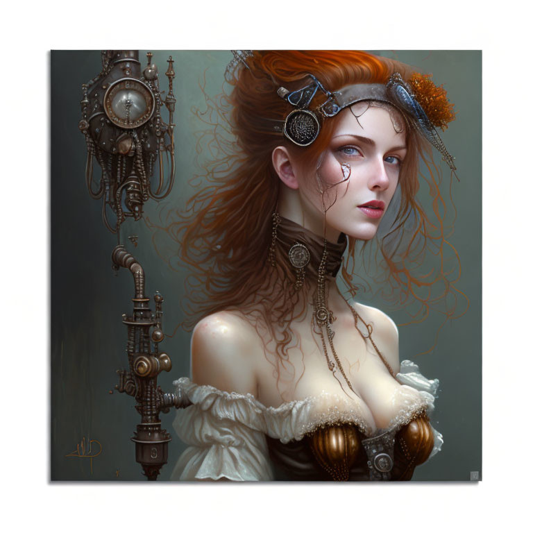 Steampunk-style portrait of woman with red hair, monocle, corset, and mechanical devices