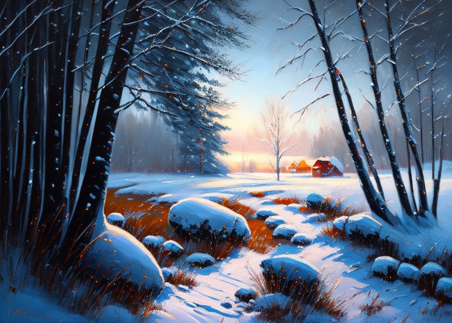 Snow-covered winter landscape with sunset glow and cozy cottage