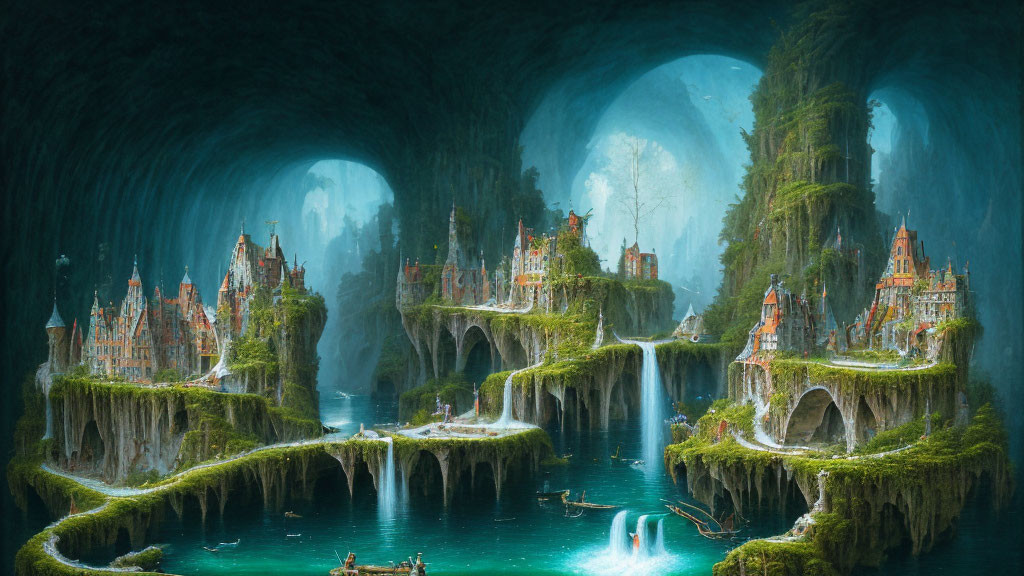 Ethereal underground landscape with waterfalls, glowing light, and fantastical architecture