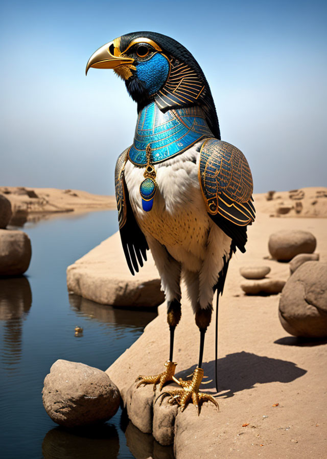 Digital artwork of a falcon-headed bird with Egyptian jewelry on rocky terrain.