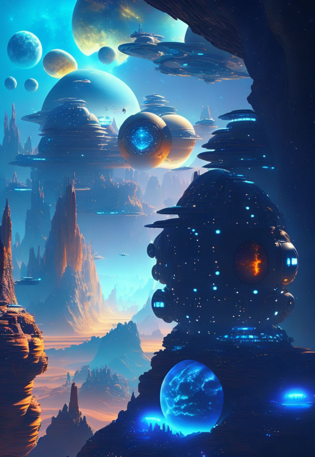 Futuristic sci-fi landscape with floating rocks, moons, and glowing celestial bodies