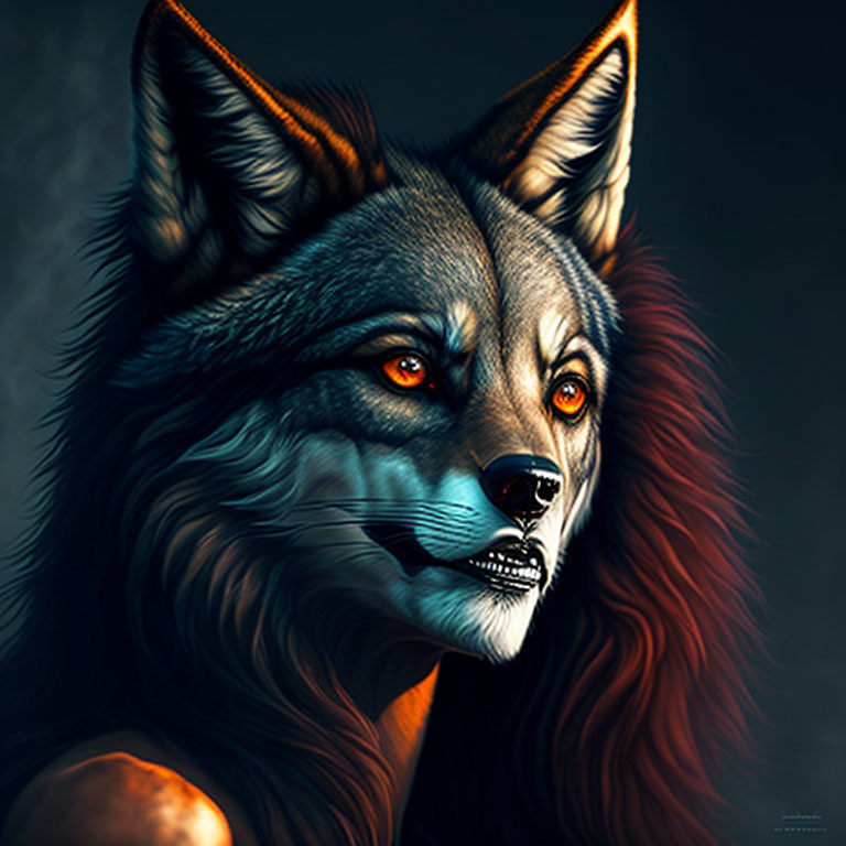 Vibrant red-eyed anthropomorphic wolf portrait with detailed fur texture
