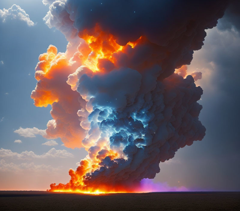 Massive explosion with fiery orange and cool blue clouds in dusk sky