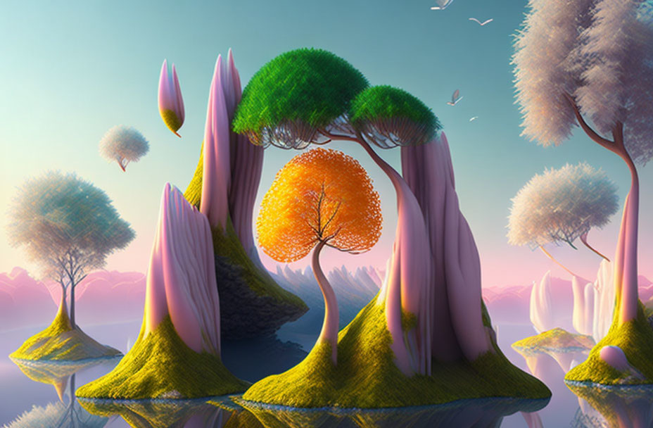 Vibrant trees on floating islands under a pastel sky