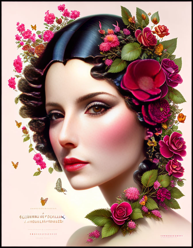 Colorful Woman Portrait with Floral Wreath and Butterflies