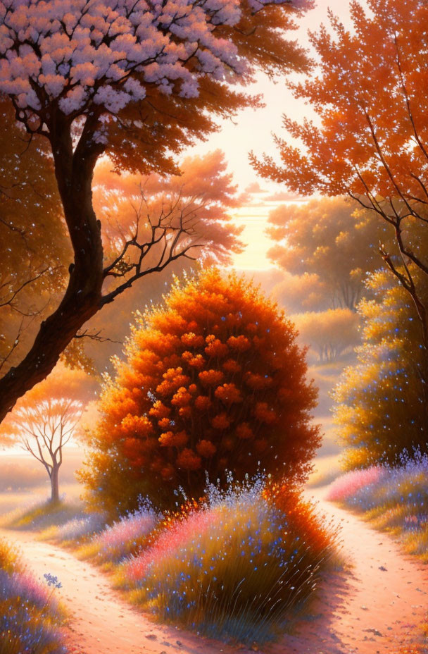 Serene autumn forest path with vibrant colors