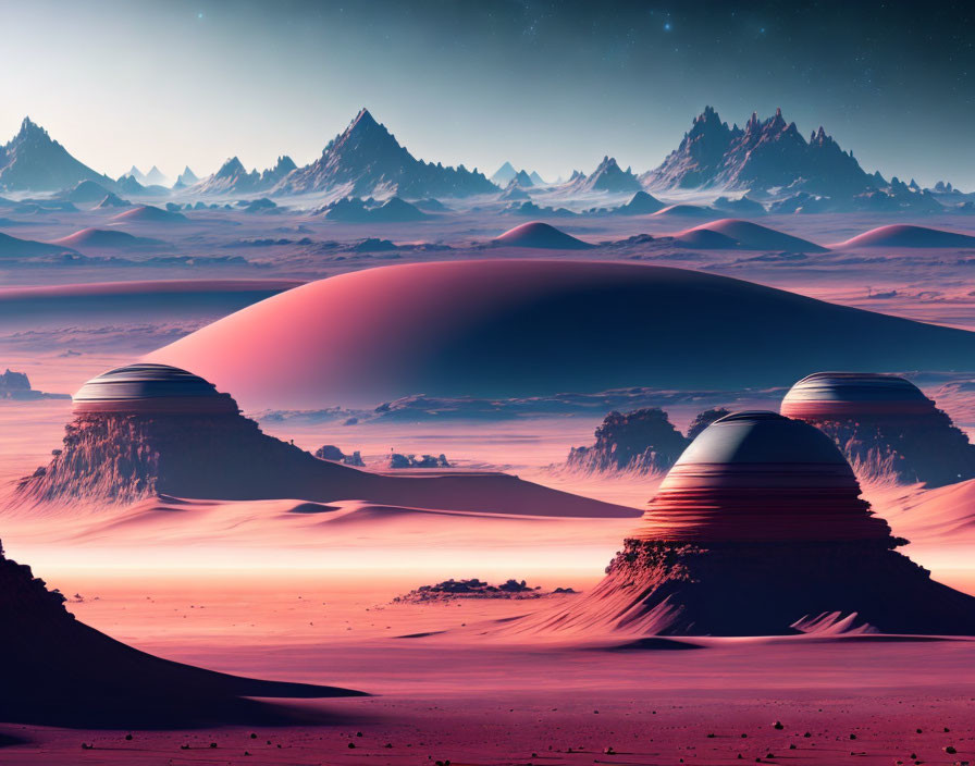 Surreal landscape with dome-shaped hills and pink sky, featuring sharp mountain ranges.