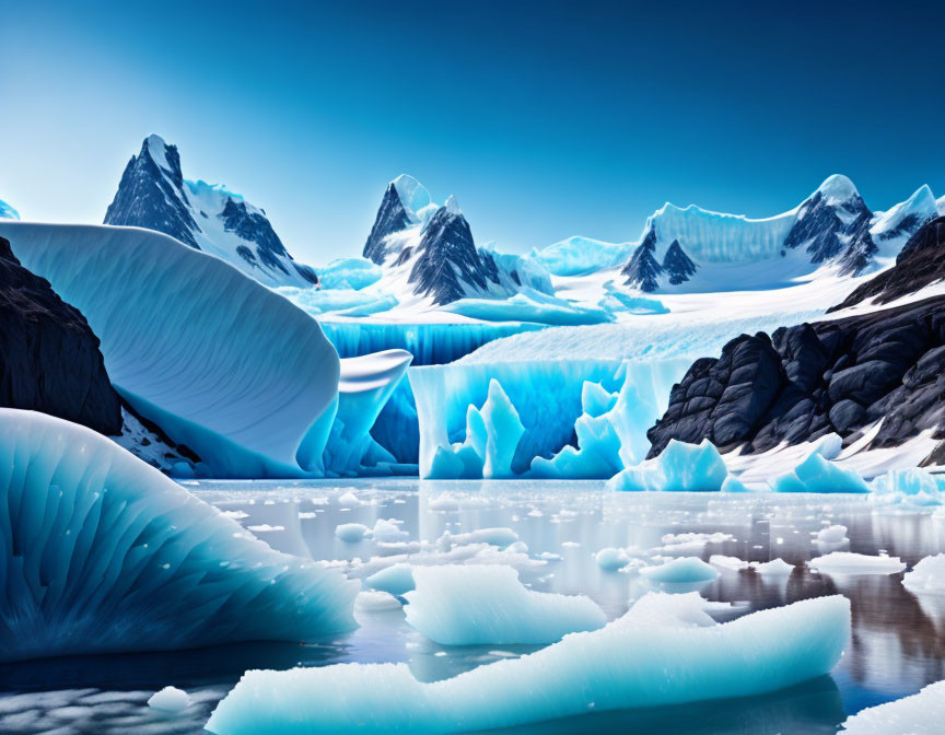 Serene polar landscape with blue icebergs and snowy peaks