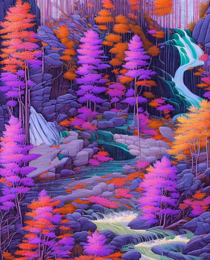 Colorful Forest with Waterfall and Stream in Rocky Terrain