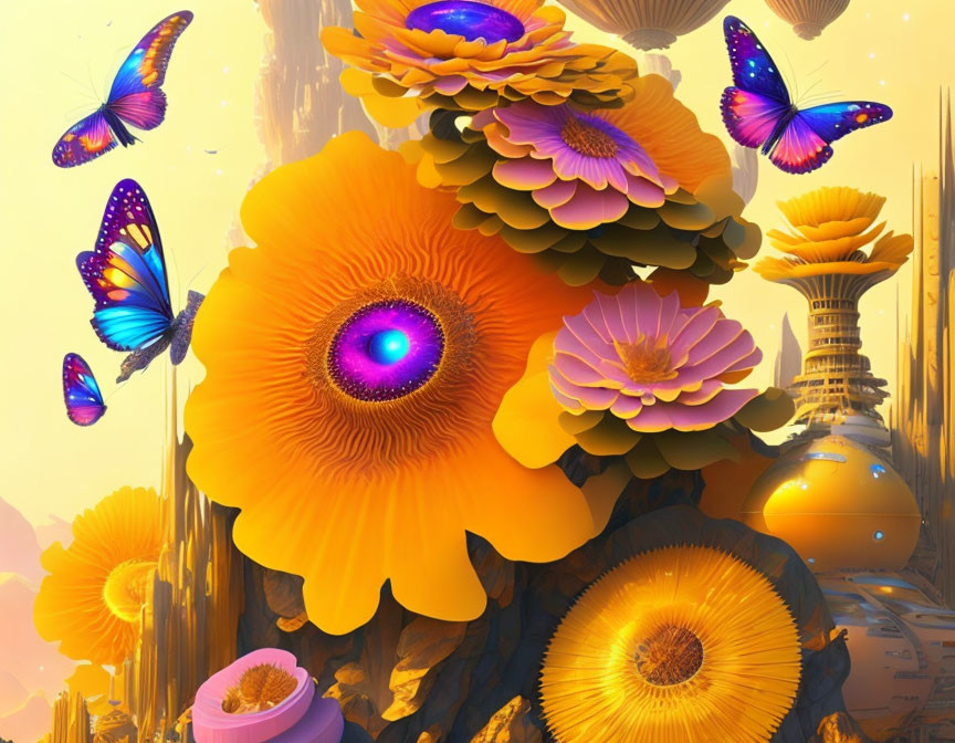 Colorful fantasy landscape with oversized orange flowers, butterflies, and futuristic structures.