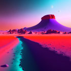 Colorful domes in surreal landscape under purple sky
