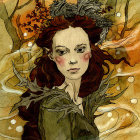 Portrait of a woman merged with autumnal trees and woodland elements