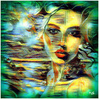 Colorful Abstract Painting: Woman's Face in Swirling Clouds