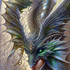 Digital illustration of humanoid with dragon features and wings, with blue dragon.