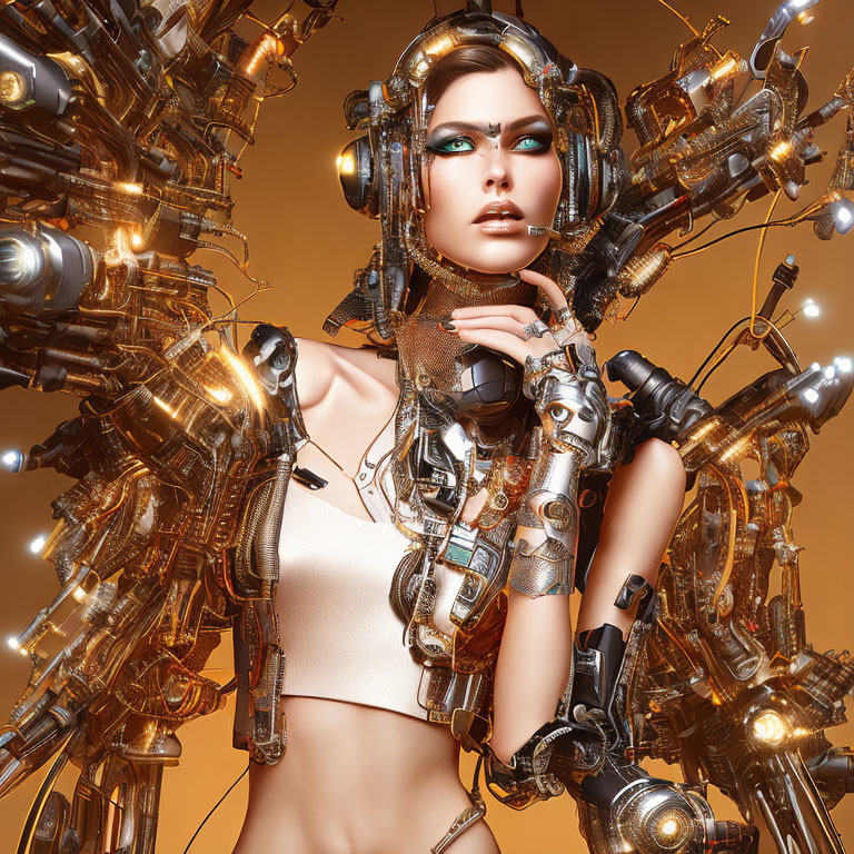 Futuristic woman with mechanical arms and cybernetic enhancements on amber background